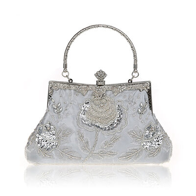 Beading Sequin Vintage Wedding Prom Satin Evening Bags in Silver 