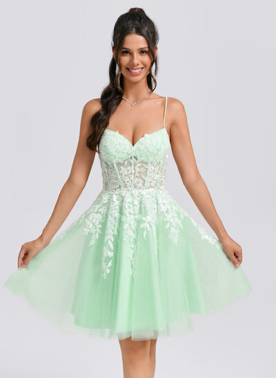 Vestido linha-a decote em v curto tule vestido de formatura 