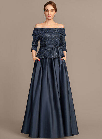 A-line Off the Shoulder Floor-Length Satin Lace Mother of the Bride Dress With Bow Sequins 