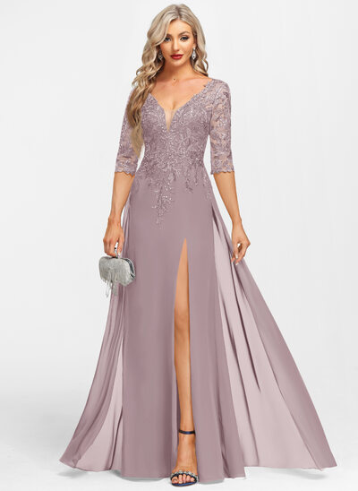 Sheath/Column V-Neck Floor-Length Chiffon Lace Evening Dress With Sequins 