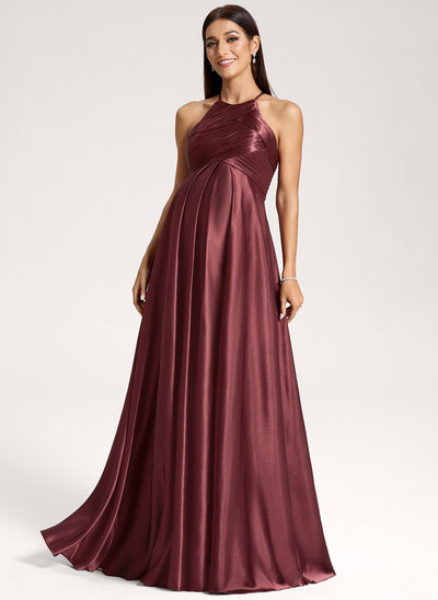 A-Linien-Kleid Neckholder Bodenlang Stretch-Satin Umstandskleider mit Rüschen 