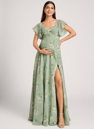 A-Linien-Kleid V-Ausschnitt Bodenlang Chiffon Umstandskleider mit Schleife Falten 