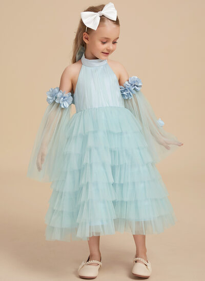 Tanssiaismekot/prinsessa riimu polven alle tylli satiini kukka tyttö mekot jossa 3d kukka keula 