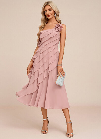 One Shoulder Cascading Ruffles Chiffon Midi Dress
