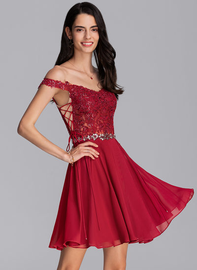A-Line Off-the-Shoulder Short/Mini Chiffon Homecoming Dress With Beading Sequins 