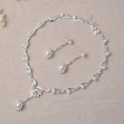 Gorgeous Pearl Rhinestone Wedding Earrings Necklace Jewelry Sets (Set of 2) 