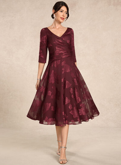 A-line V-Neck Pleated Floral Burnout Dress