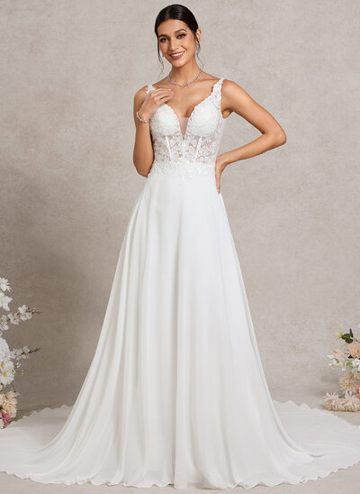 A-Linien-Kleid V-Ausschnitt Kapellenschleppe Chiffon Spitze Brautkleid 