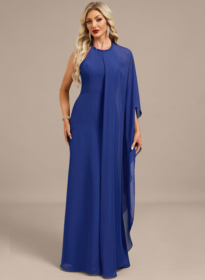 Robe de soirée fourreau col rond longueur ras du sol mousseline avec perlage cape paillettes 