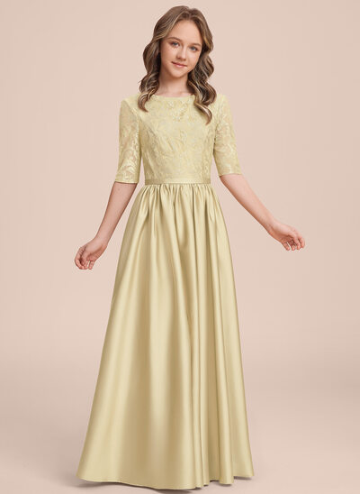 Sukienka Trapezowa Okrągły głęboko wycięty Do Podłogi Koronka Satyna matowa Suknie dla Młodszej Druhny 