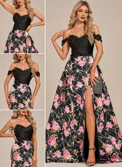 Off the Shoulder Strapless 3D Floral Printed Fabric Maxi Dress