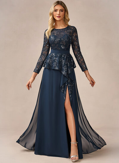 Abiti linea a girocollo a terra pizzo chiffona abito da sera con bianco e nero lustrini increspature 