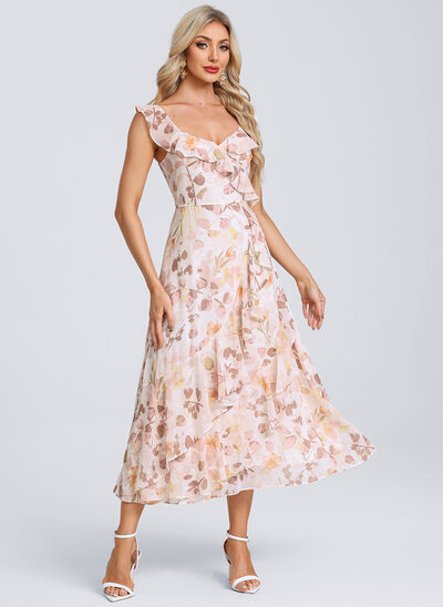 Blomsterprint Chiffon Midi Kjole