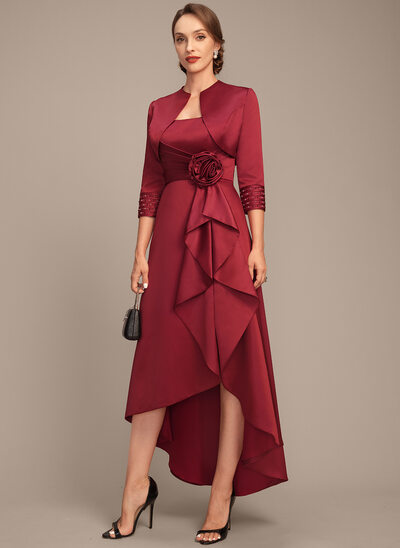 A-line Square Asymmetrical Satin Mother of the Bride Dress With Pleated Beading 3D Floral 