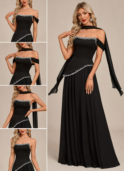 Off the Shoulder Strapless Scarf Chiffon Maxi Dress