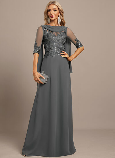 A-line Scoop Floor-Length Lace Chiffon Mother of the Bride Dress With Sequins Pleated 