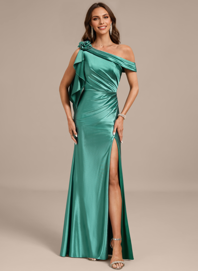 Sheath/Column Asymmetrical Floor-Length Jersey Evening Dress With 3D Floral Pleated 