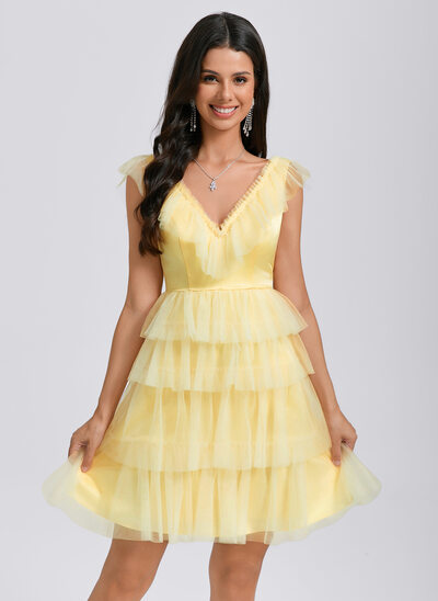 Vestido linha-a decote em v curto tule vestido de formatura com pregueado 