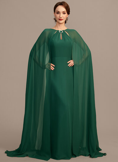 A-line Boat Neck Floor-Length Chiffon Mother of the Bride Dress With Pleated Sequins Beading 