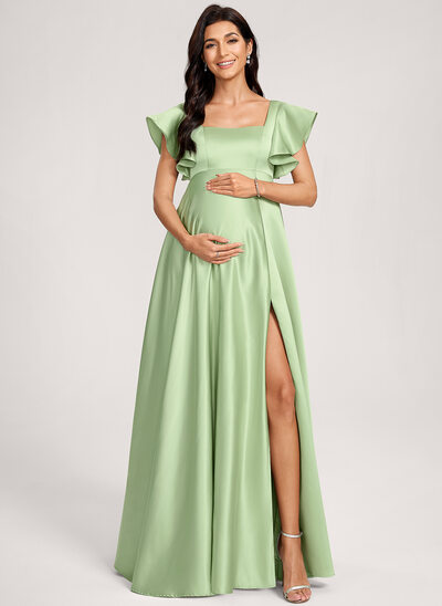 Kjole med A-linje Square Gulvlængde Satin Graviditetskjoler med Flæsekanter 