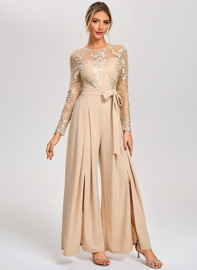 Jumpsuits Illusion Floor-Length Tulle Stretch Crepe Cocktail Dress With Embroidered 