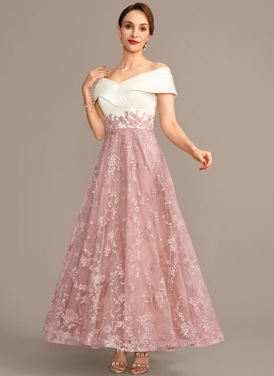 A-line Off the Shoulder Ankle-Length Satin Lace Mother of the Bride Dress With Pleated Sequins 