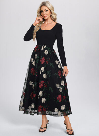 A-line Scoop Ankle-Length Stretch Crepe Tulle Cocktail Dress With Embroidered 