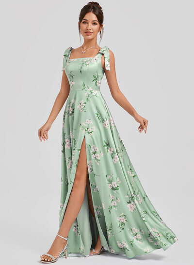 Robe de demoiselle d'honneur trapèze col carré longueur ras du sol satin mat avec nœud 