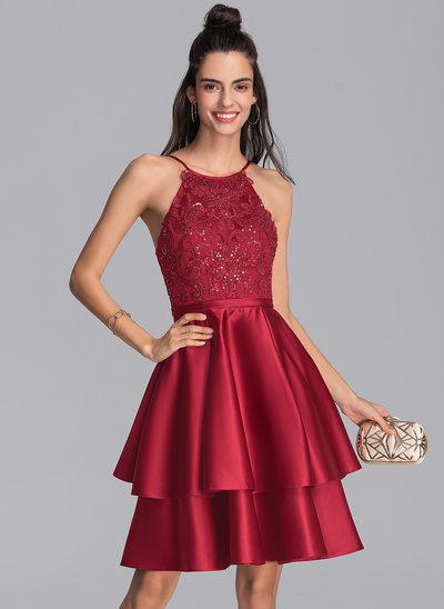 A-Line Scoop Neck Knee-Length Satin Homecoming Dress With Sequins 