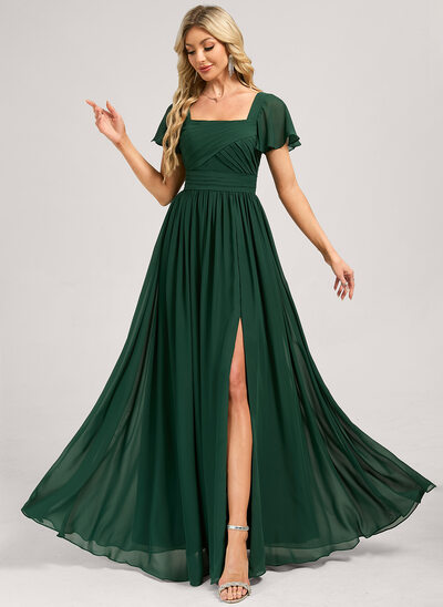 Robe de demoiselle d'honneur trapèze col carré longueur ras du sol longueur genou mousseline 