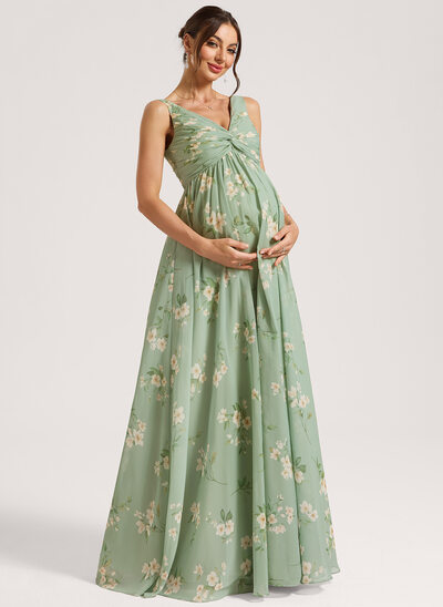 A-Linien-Kleid V-Ausschnitt Bodenlang Chiffon Umstandskleider mit Falten 