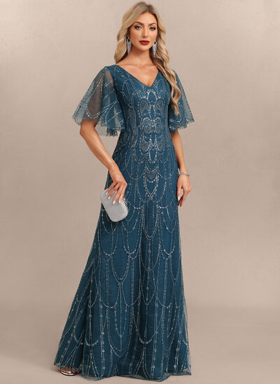 Trompet/Havfrue V-hals Gulvlengde Tyll Paljett Festkjole 