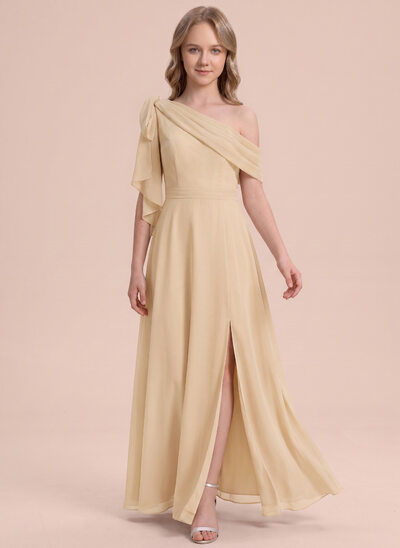 Vestido línea a con escote monohombro volantes de gasa