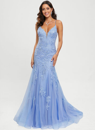 Meerjungfrau-Linie V-Ausschnitt Pinsel-Schleppe Tüll Spitze Ballkleid mit Pailletten 