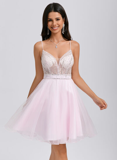 A-line V-Neck Short Tulle Homecoming Dress With Rhinestone Sequins Beading 