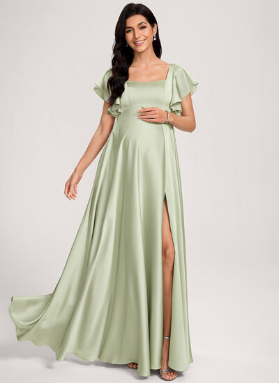 Kjole med A-linje Square Gulvlængde Matte Satin Graviditetskjoler med Flæsekanter 