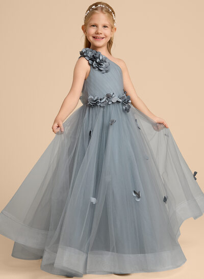 A-line One Shoulder Floor-Length Tulle Flower Girl Dress With 3D Floral 