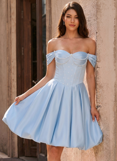 Kleid in A-Linie mit Carmen-Ausschnitt Kurzarm Korsett aus Satin