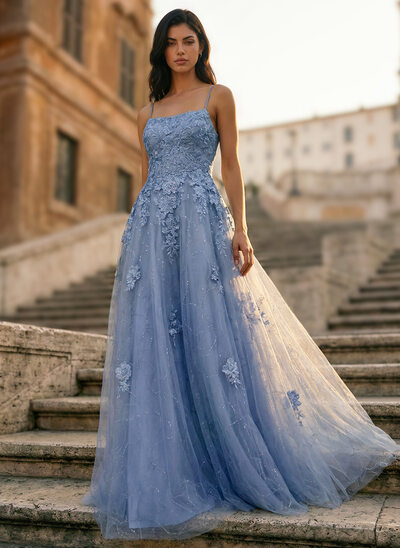 Kleid mit Karree-Ausschnitt Spaghettiträger Pailletten aus Tüll