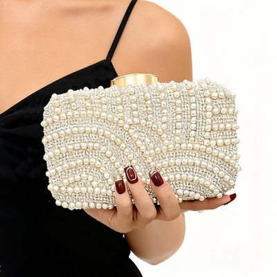 Perlas rhinestone boda fiesta fiesta de graduación noche plástico bolsos de mano en beige 