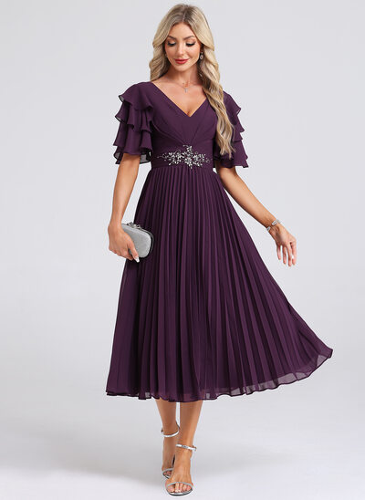 A trapezio scollo a v midi chiffon abito da cocktail con strass volant plissettato 