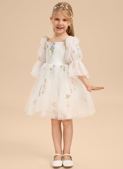 A-linja kylmä olkapää polvipituinen pitsi tylli vuori 100% puuvillaa kukka tyttö mekot 