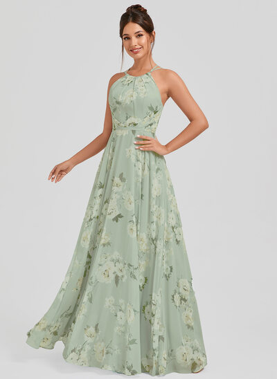 Robe de demoiselle d'honneur trapèze licou longueur ras du sol mousseline 