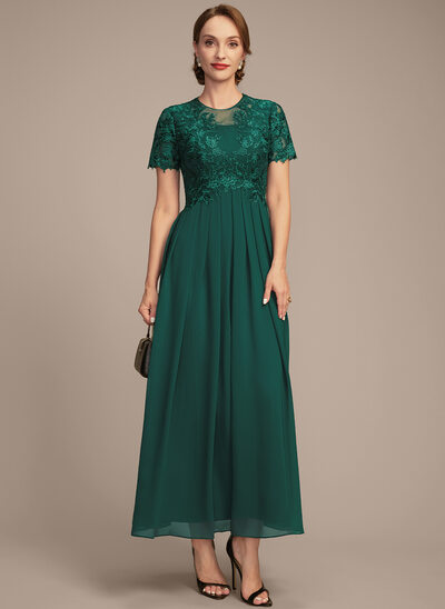 A-line Scoop Ankle-Length Lace Chiffon Mother of the Bride Dress With Pleated 