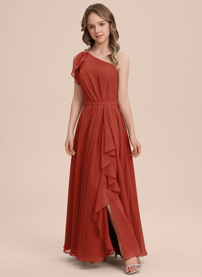 Kjole A-line kjole i Chiffon med En skuldret Brusende Volanger