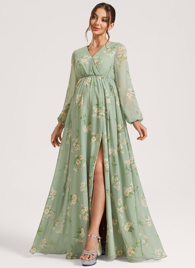 A-Linien-Kleid V-Ausschnitt Bodenlang Chiffon Umstandskleider mit Falten 