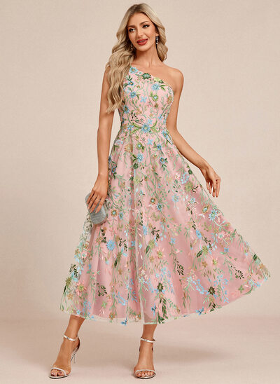 Um ombro só flores 3d renda midi vestido