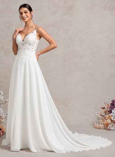 A-Linien-Kleid V-Ausschnitt Kapellenschleppe Chiffon Spitze Brautkleid 