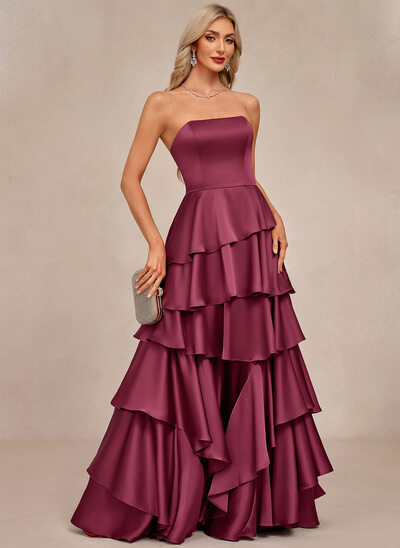 Cascading Ruffles Acetate Satin Maxi Dress