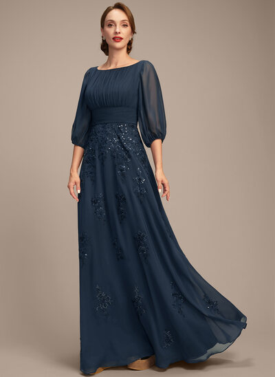 A-line Boat Neck Floor-Length Lace Chiffon Mother of the Bride Dress With Pleated Sequins 